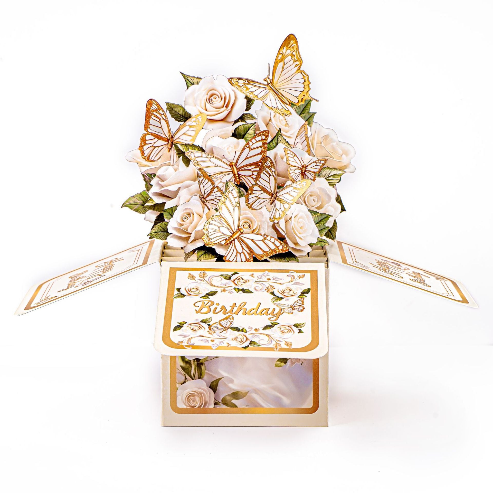 3D Gold Birthday Greeting Card Featuring White Butterflies and Roses