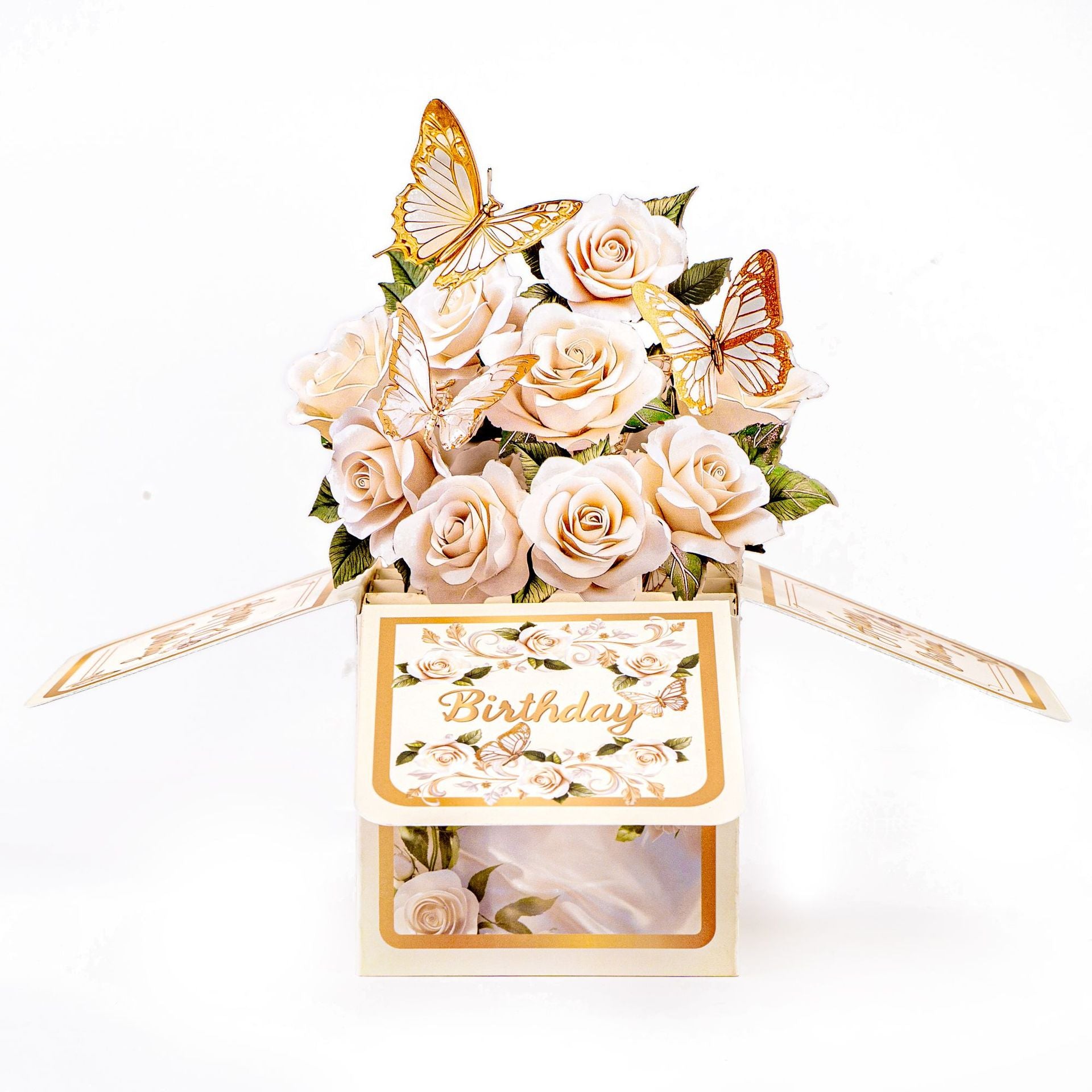 3D Gold Birthday Greeting Card Featuring White Butterflies and Roses