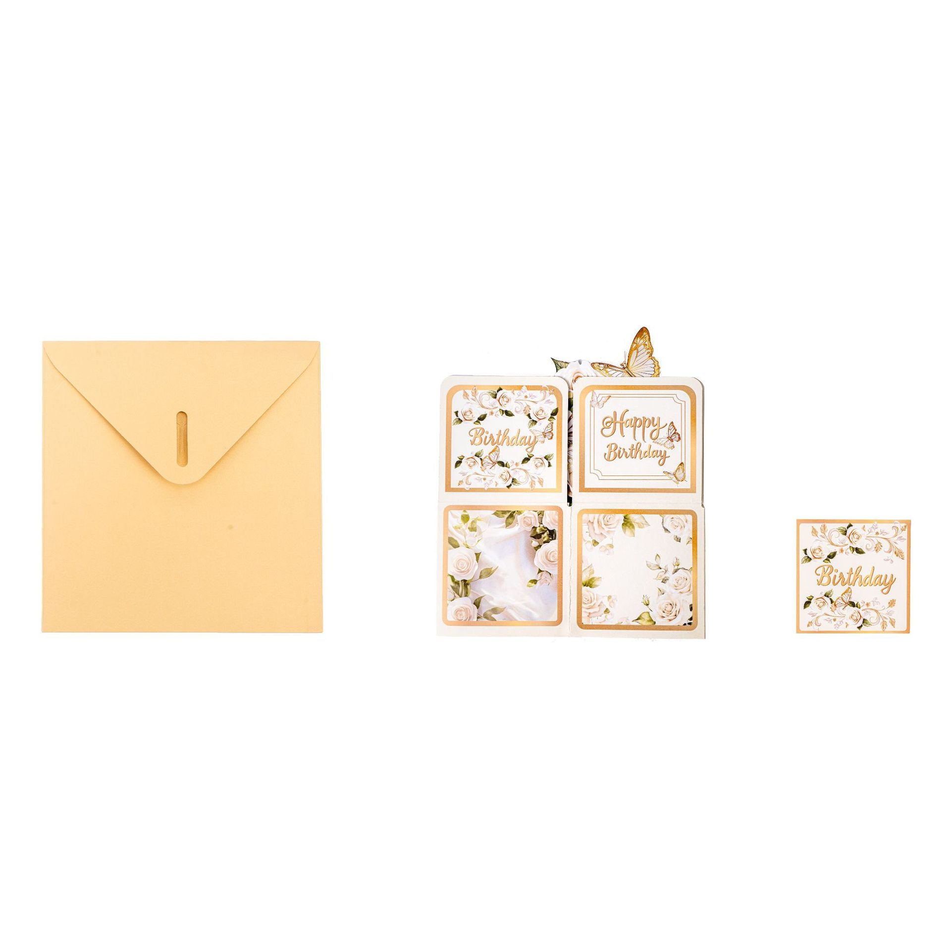 3D Gold Birthday Greeting Card Featuring White Butterflies and Roses