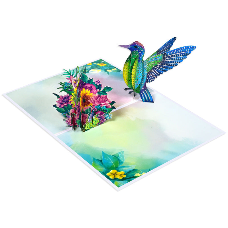 Creative 3D Pop-Up Greeting Card Featuring Blue Hummingbirds, Canaries, Parrots, and Floral Clusters