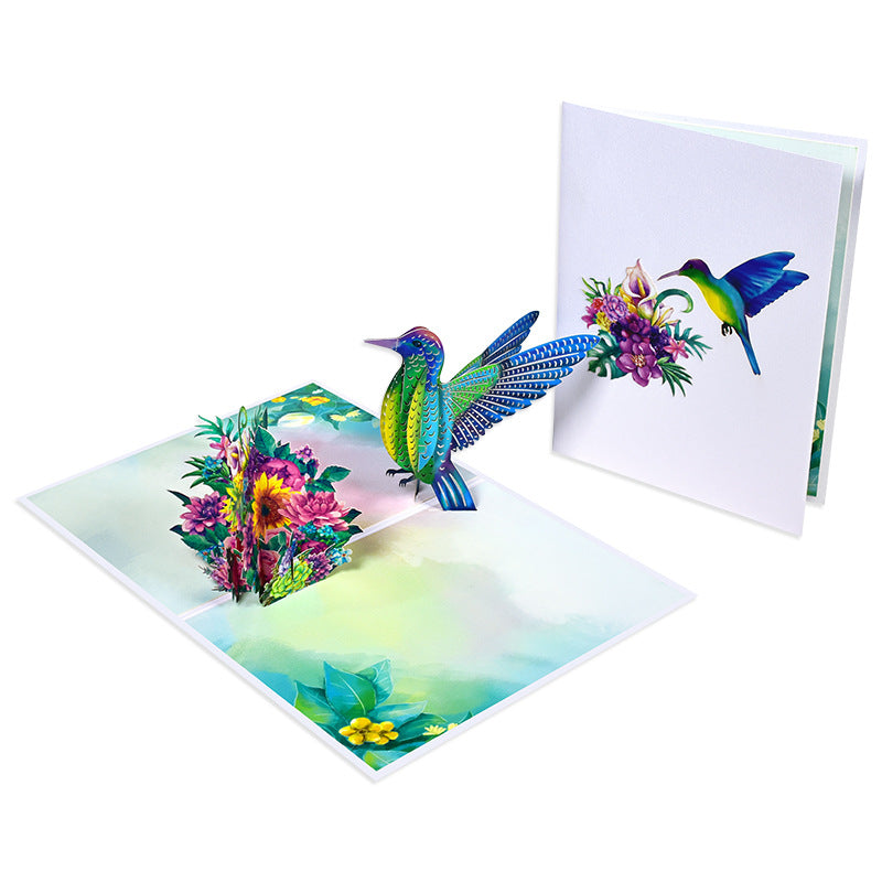 Creative 3D Pop-Up Greeting Card Featuring Blue Hummingbirds, Canaries, Parrots, and Floral Clusters