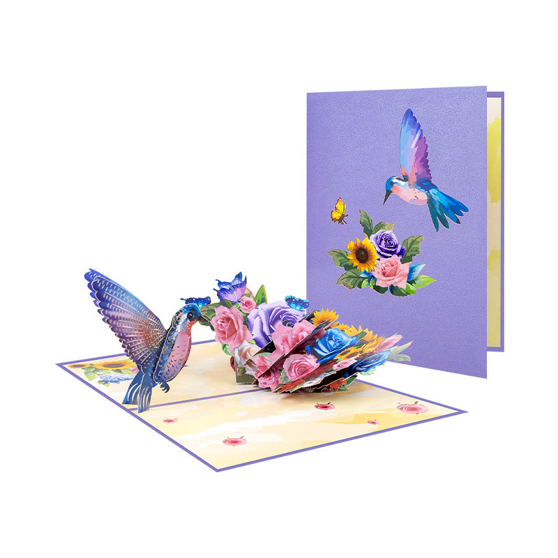 Creative 3D Pop-Up Greeting Card Featuring Blue Hummingbirds, Canaries, Parrots, and Floral Clusters