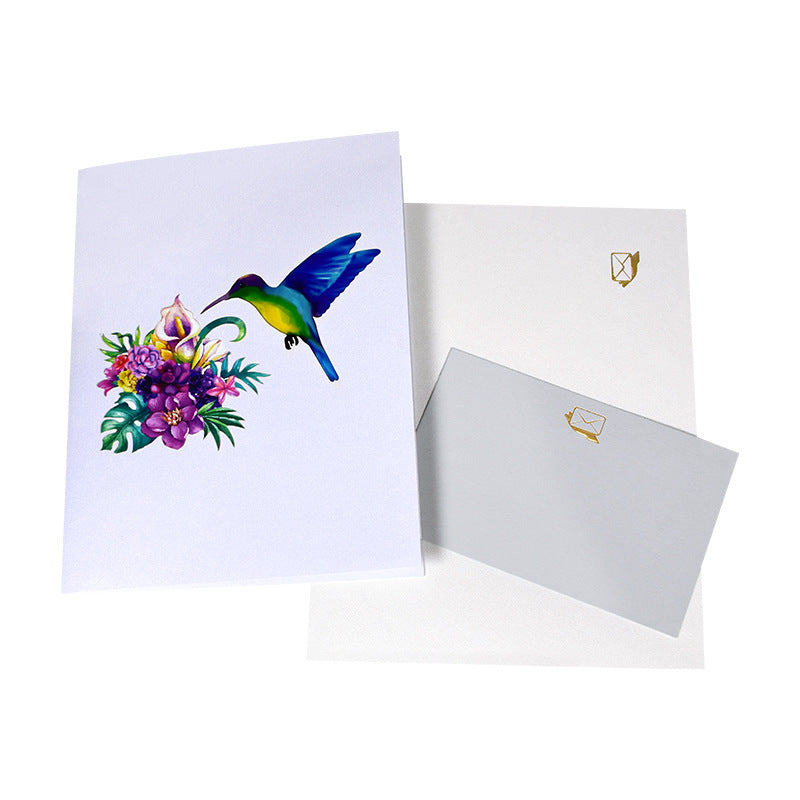 Creative 3D Pop-Up Greeting Card Featuring Blue Hummingbirds, Canaries, Parrots, and Floral Clusters