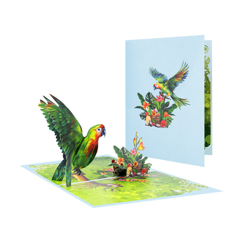 Creative 3D Pop-Up Greeting Card Featuring Blue Hummingbirds, Canaries, Parrots, and Floral Clusters