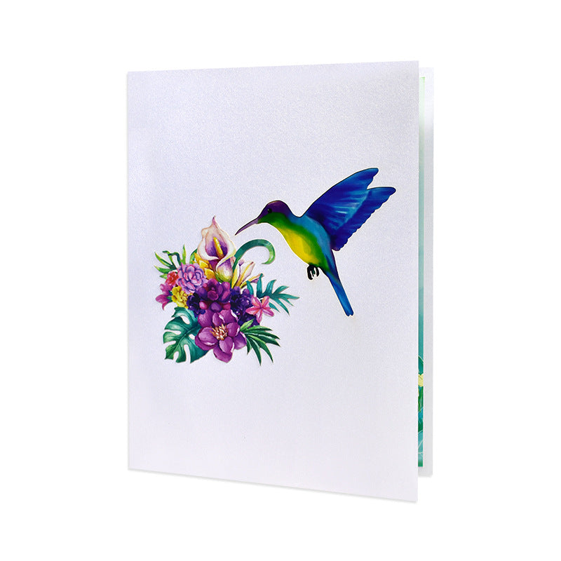 Creative 3D Pop-Up Greeting Card Featuring Blue Hummingbirds, Canaries, Parrots, and Floral Clusters