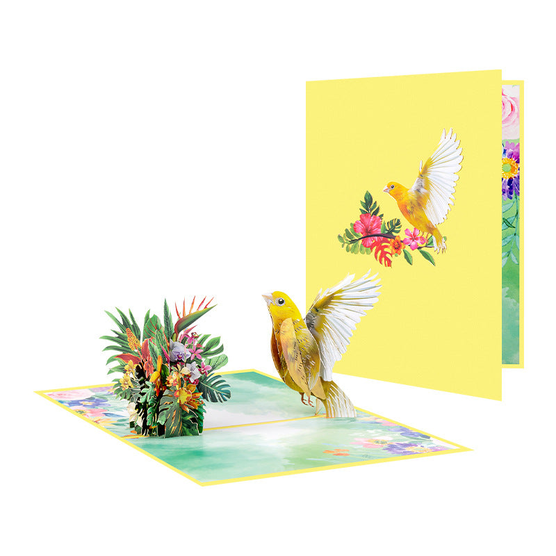 Creative 3D Pop-Up Greeting Card Featuring Blue Hummingbirds, Canaries, Parrots, and Floral Clusters