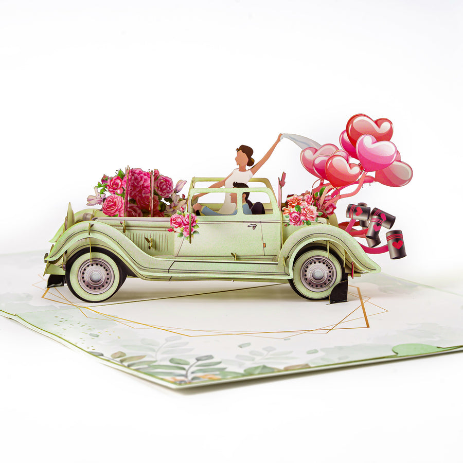 Wedding Invitation Card – 3D Pop-up Folding Card Featuring Sports Car, Hot Air Balloon, Happy Married Greeting Card