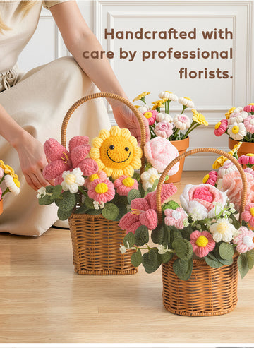 Crochet Rose Bouquet and Basket – Handmade Knitted Artificial Flowers