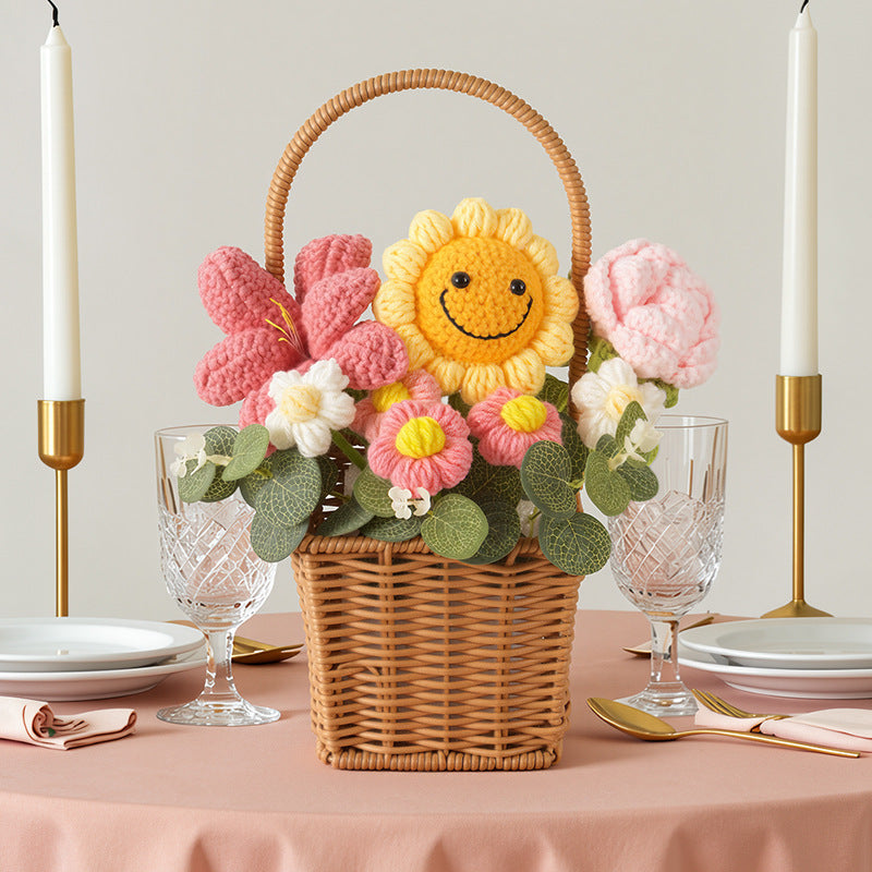 Crochet Rose Bouquet and Basket – Handmade Knitted Artificial Flowers