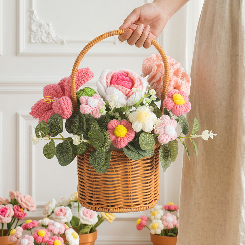 Crochet Rose Bouquet and Basket – Handmade Knitted Artificial Flowers