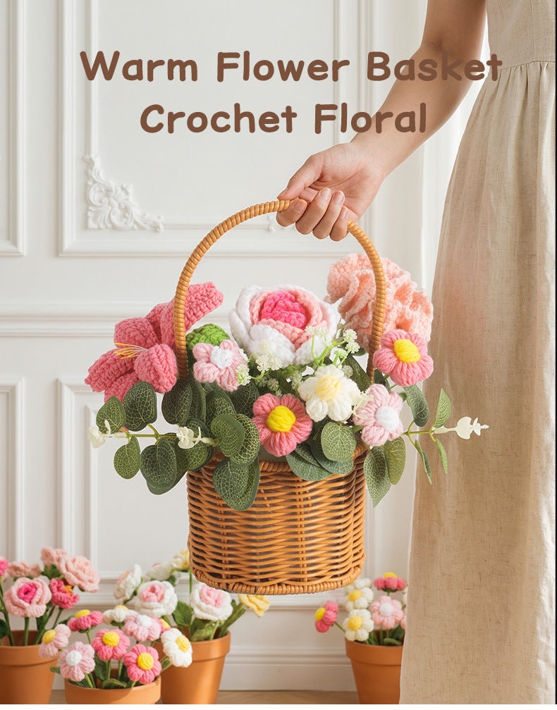 Crochet Rose Bouquet and Basket – Handmade Knitted Artificial Flowers