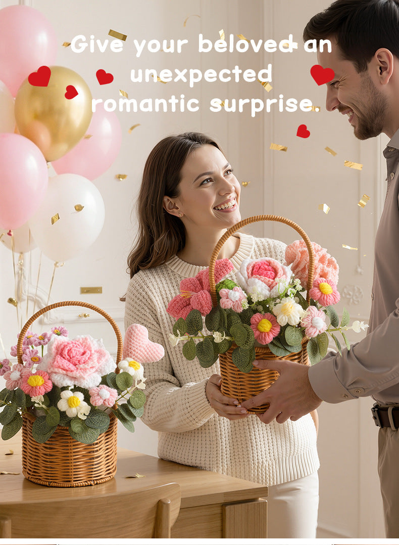 Crochet Rose Bouquet and Basket – Handmade Knitted Artificial Flowers