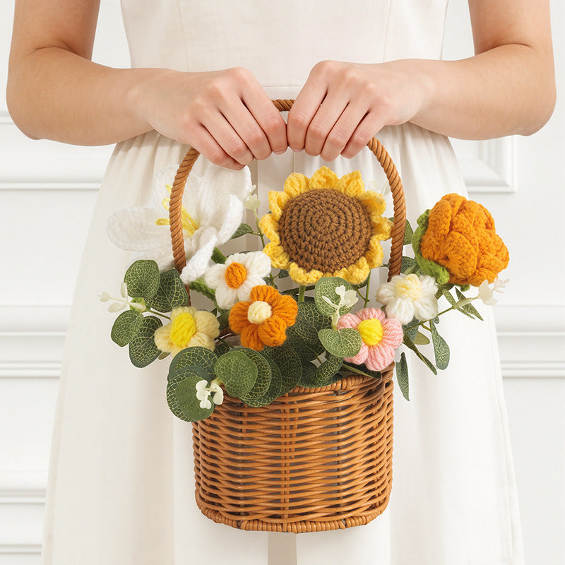 Crochet Rose Bouquet and Basket – Handmade Knitted Artificial Flowers
