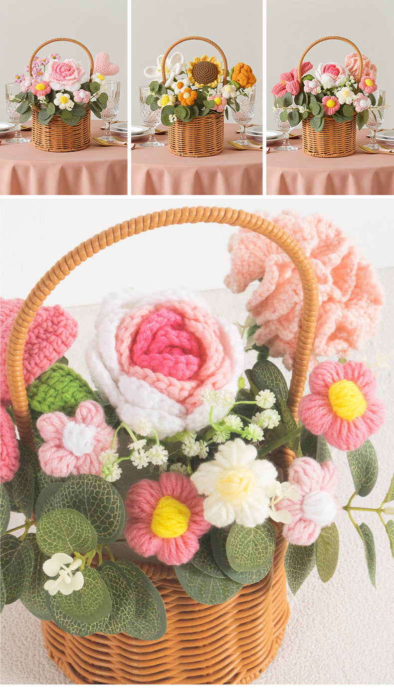 Crochet Rose Bouquet and Basket – Handmade Knitted Artificial Flowers