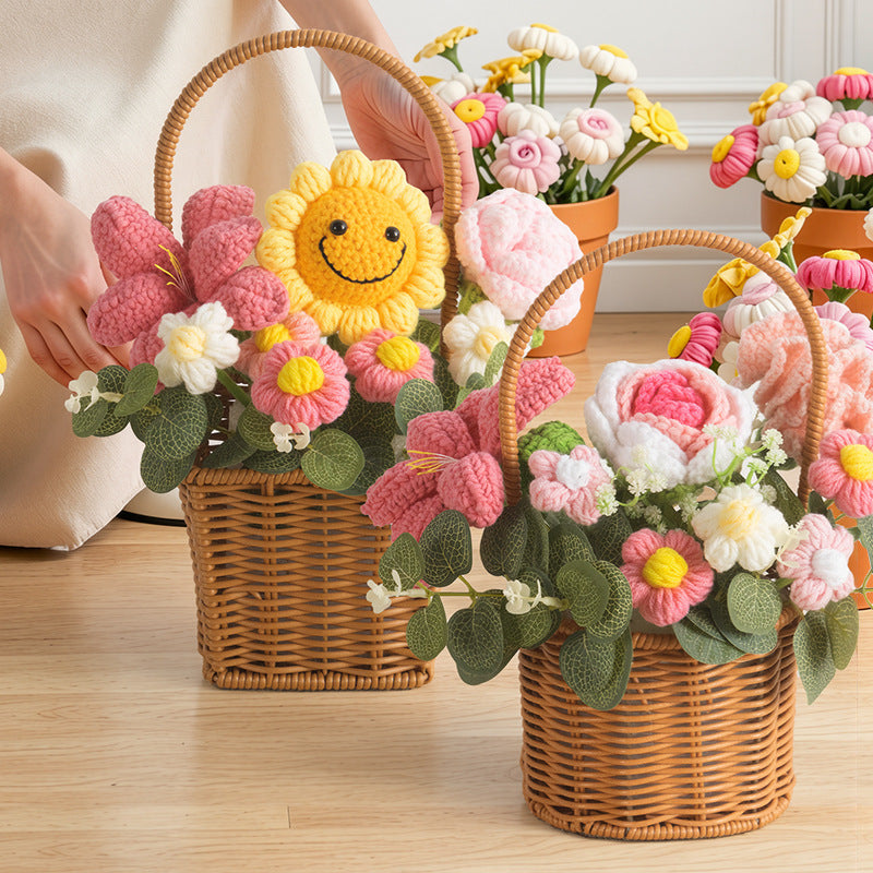 Crochet Rose Bouquet and Basket – Handmade Knitted Artificial Flowers