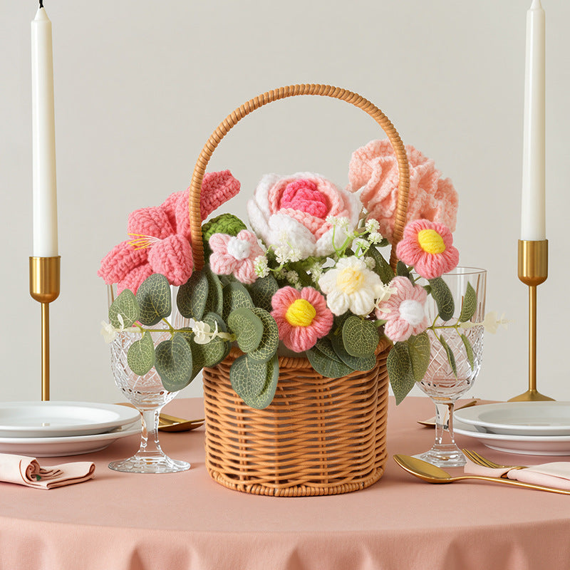 Crochet Rose Bouquet and Basket – Handmade Knitted Artificial Flowers
