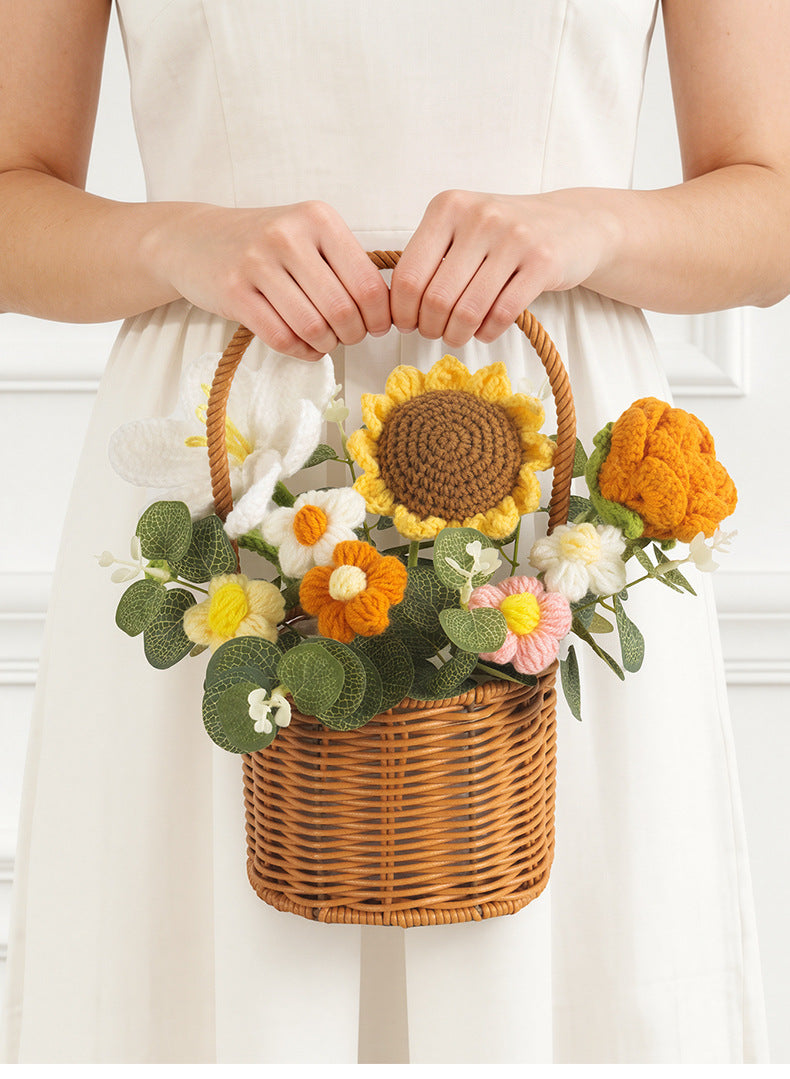 Crochet Rose Bouquet and Basket – Handmade Knitted Artificial Flowers