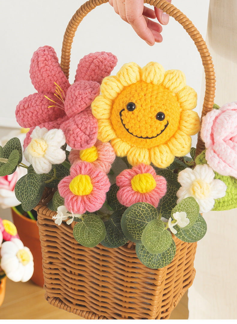 Crochet Rose Bouquet and Basket – Handmade Knitted Artificial Flowers