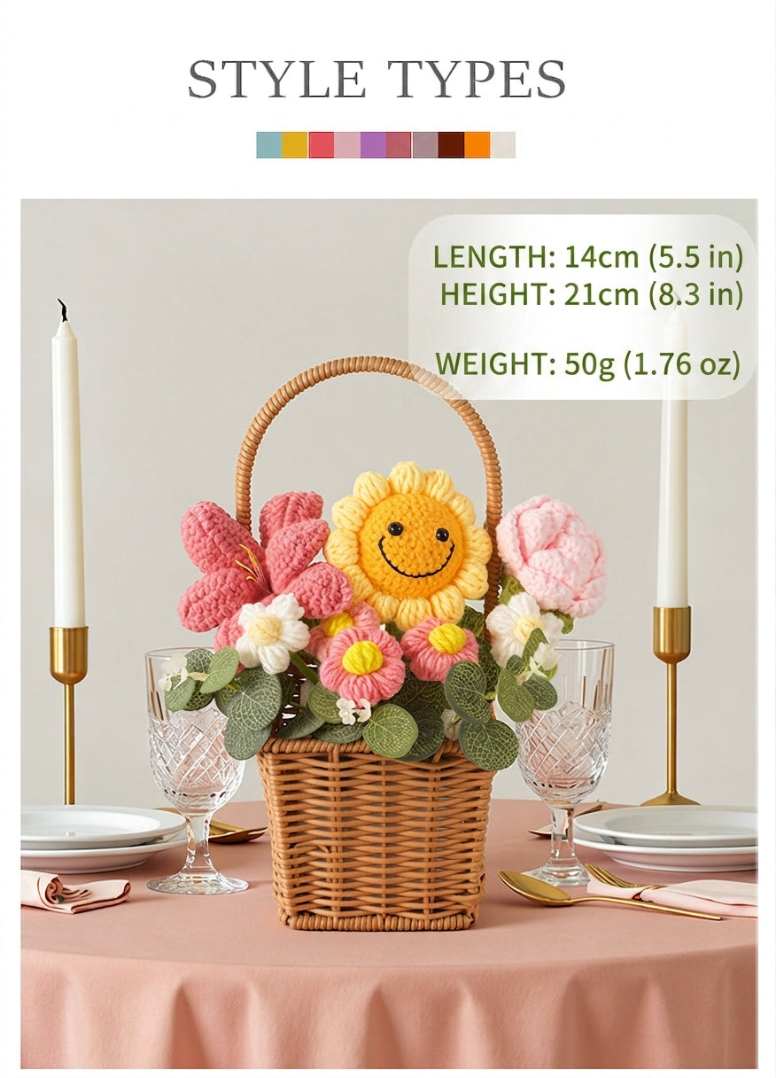 Crochet Rose Bouquet and Basket – Handmade Knitted Artificial Flowers