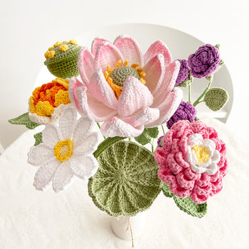 Handmade Crocheted Artificial Flowers—Everlasting  Lotus and Peony Bouquet
