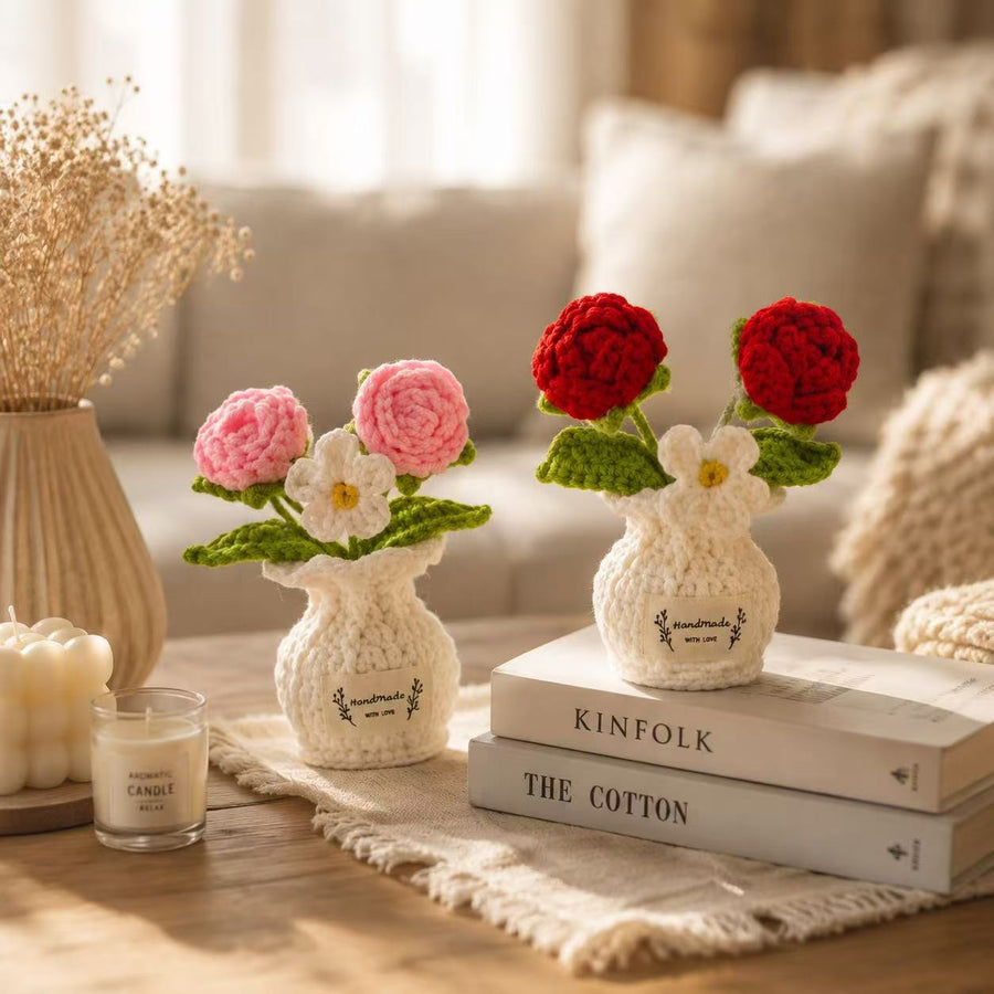 Handmade Crocheted 3-bloom Potted Flower—knitted Plants Bouquet Desktop Ornament