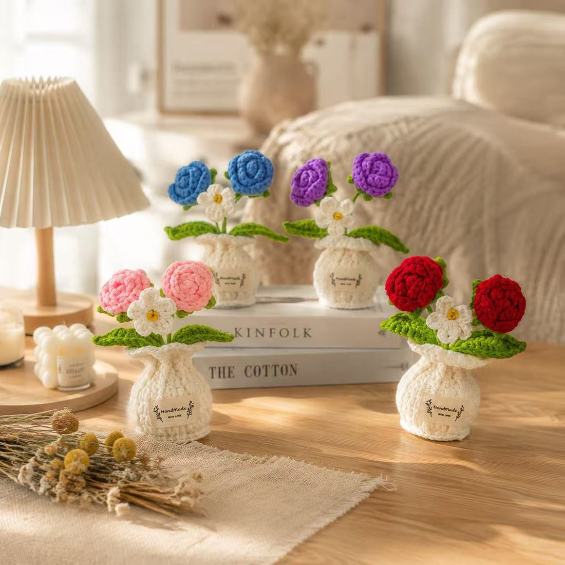 Handmade Crocheted 3-bloom Potted Flower—knitted Plants Bouquet Desktop Ornament