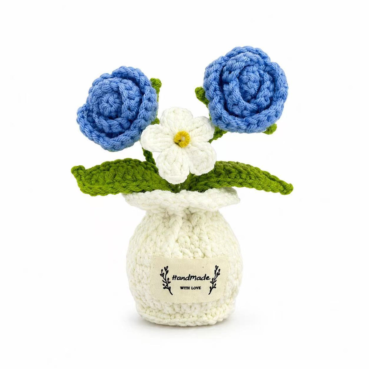 Handmade Crocheted 3-bloom Potted Flower—knitted Plants Bouquet Desktop Ornament