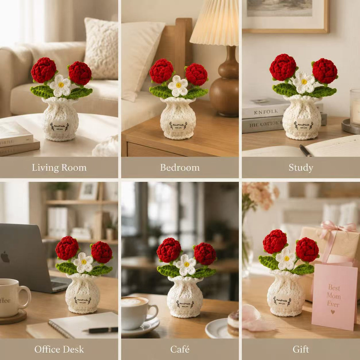 Handmade Crocheted 3-bloom Potted Flower—knitted Plants Bouquet Desktop Ornament