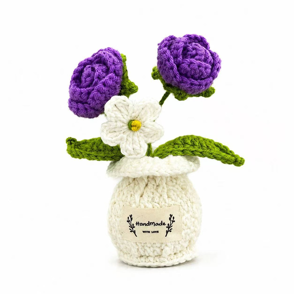 Handmade Crocheted 3-bloom Potted Flower—knitted Plants Bouquet Desktop Ornament