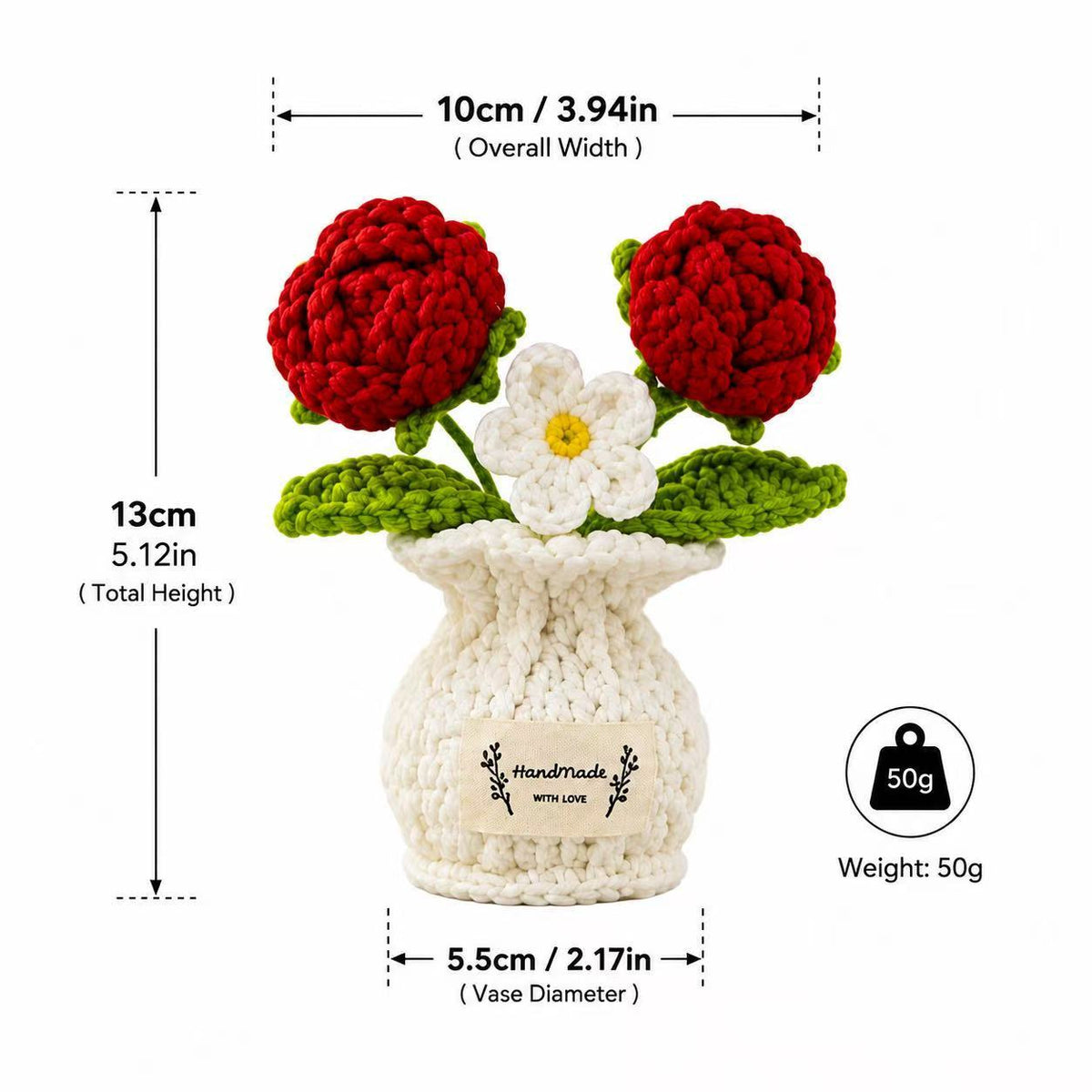 Handmade Crocheted 3-bloom Potted Flower—knitted Plants Bouquet Desktop Ornament