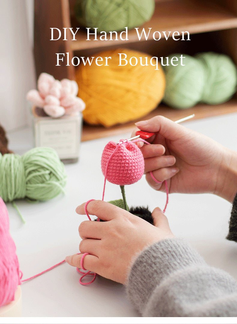Crocheted Artificial Carnations, Handmade Knitted Yarn Rose Bouquets; Packaged In A Pet Gift Box