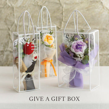 Crocheted Artificial Carnations, Handmade Knitted Yarn Rose Bouquets; Packaged In A Pet Gift Box