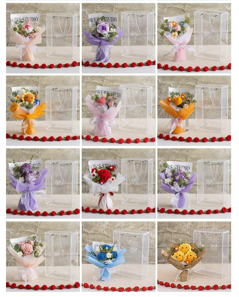 Crocheted Artificial Carnations, Handmade Knitted Yarn Rose Bouquets; Packaged In A Pet Gift Box