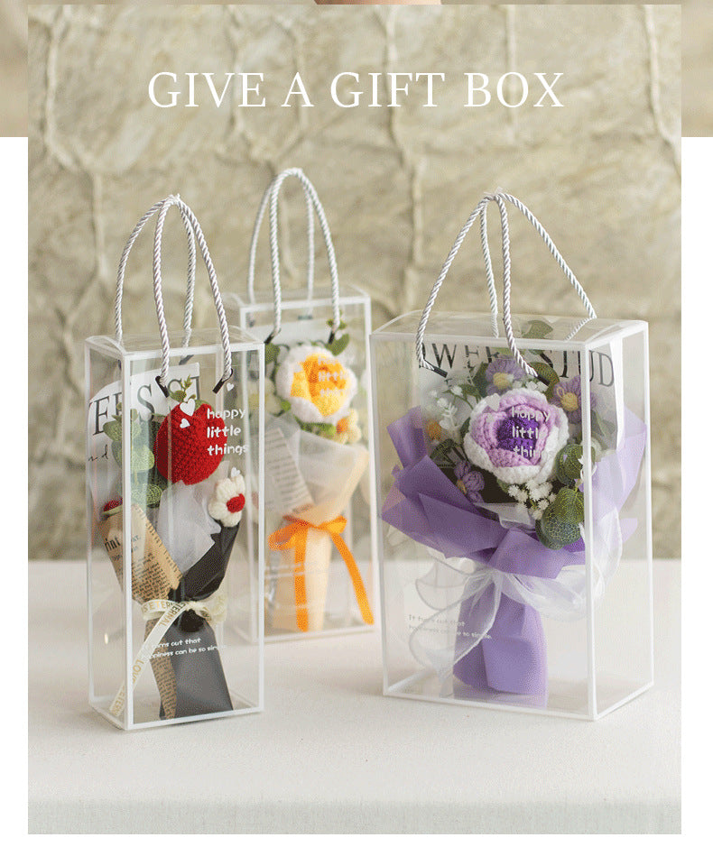 Crocheted Artificial Carnations, Handmade Knitted Yarn Rose Bouquets; Packaged In A Pet Gift Box