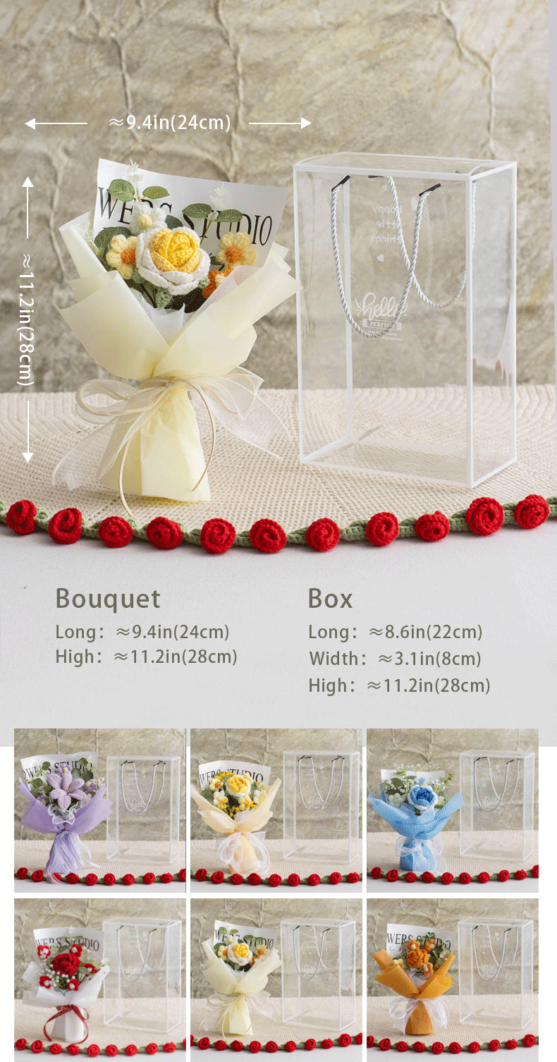 Crocheted Artificial Carnations, Handmade Knitted Yarn Rose Bouquets; Packaged In A Pet Gift Box