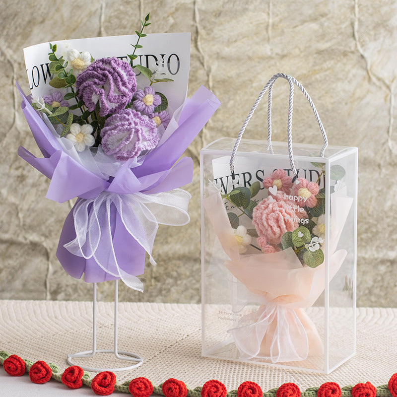 Crocheted Artificial Carnations, Handmade Knitted Yarn Rose Bouquets; Packaged In A Pet Gift Box