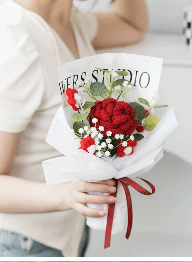 Crocheted Artificial Carnations, Handmade Knitted Yarn Rose Bouquets; Packaged In A Pet Gift Box