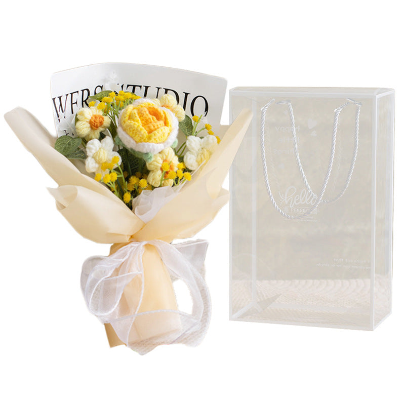 Crocheted Artificial Carnations, Handmade Knitted Yarn Rose Bouquets; Packaged In A Pet Gift Box