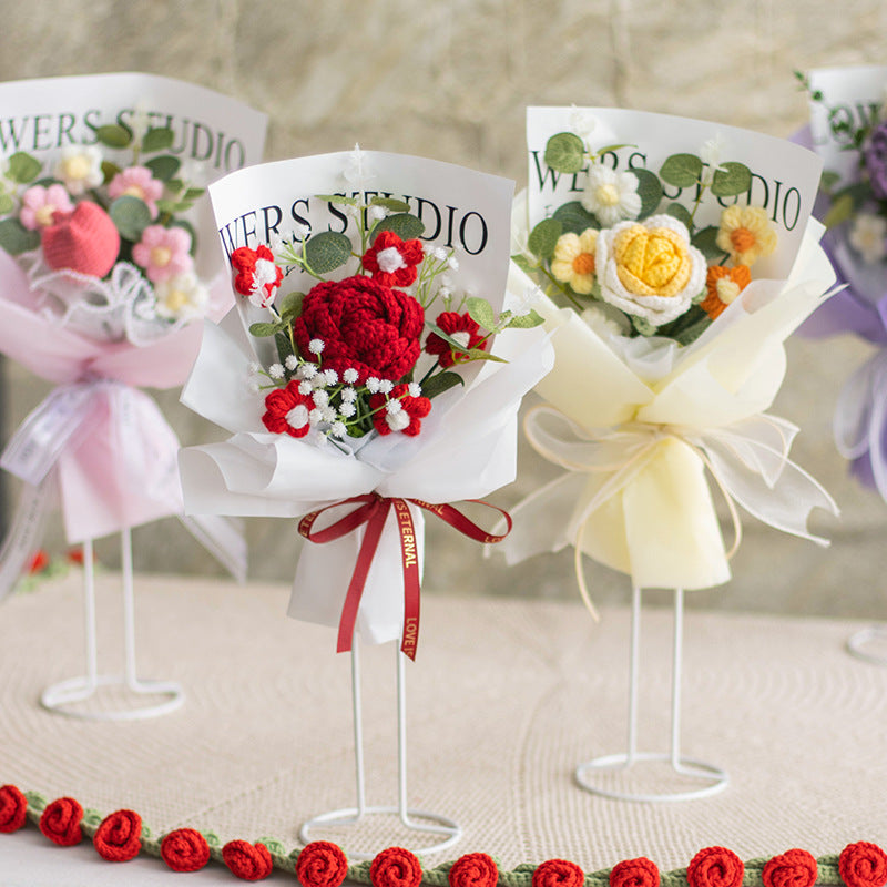 Crocheted Artificial Carnations, Handmade Knitted Yarn Rose Bouquets; Packaged In A Pet Gift Box
