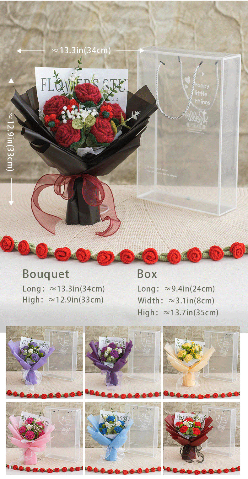 Crocheted Artificial Carnations, Handmade Knitted Yarn Rose Bouquets; Packaged In A Pet Gift Box