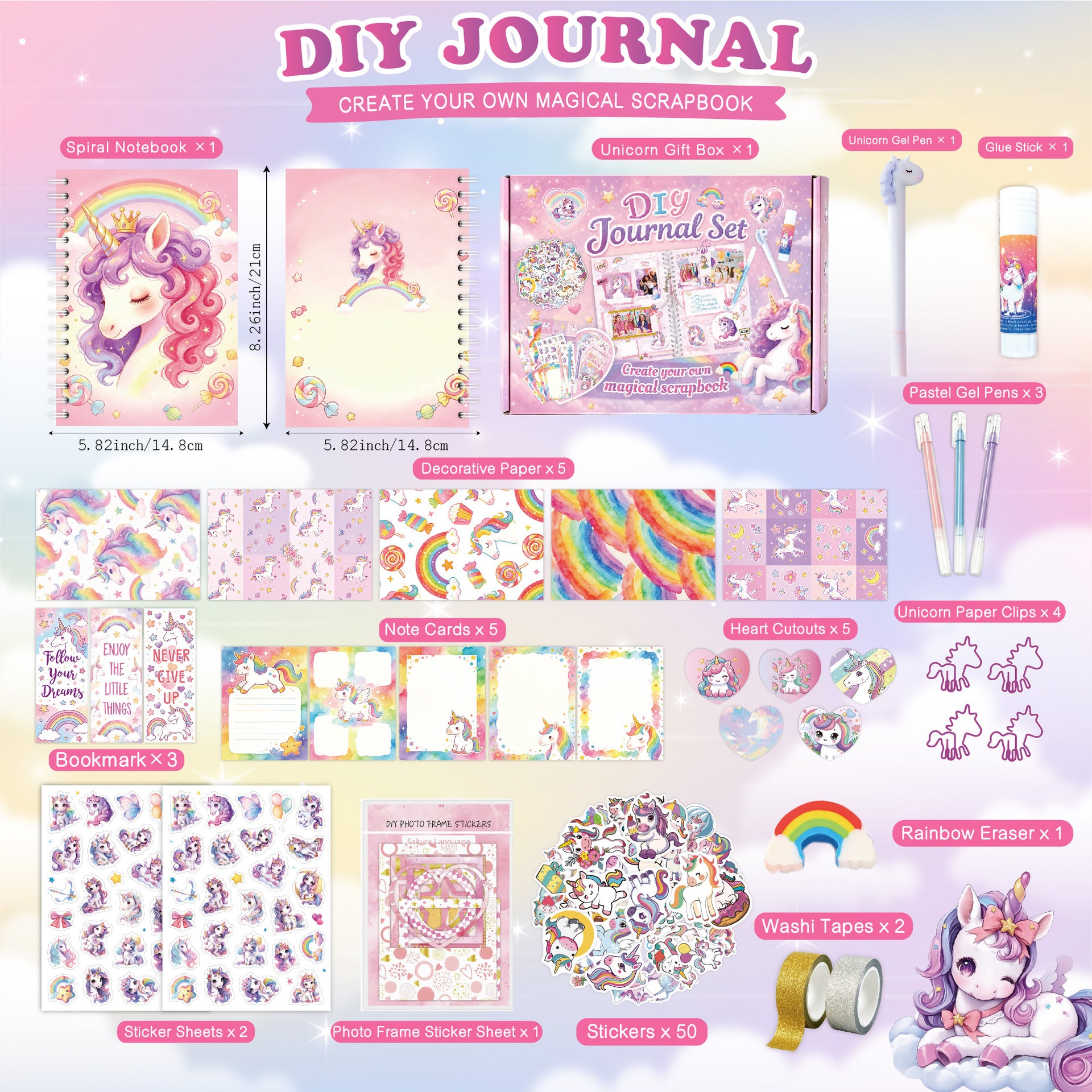 DIY Unicorn & Rainbow Scrapbook Diary Set – Purple Kit for Kids (Ages 4+) – Gift