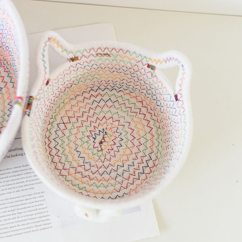 Desktop Cat Ear Storage Basket for Girl/Kids/Her, Handmade Woven Storage Basket, Living Room Key Cotton Rope Cartoon Storage Basket.