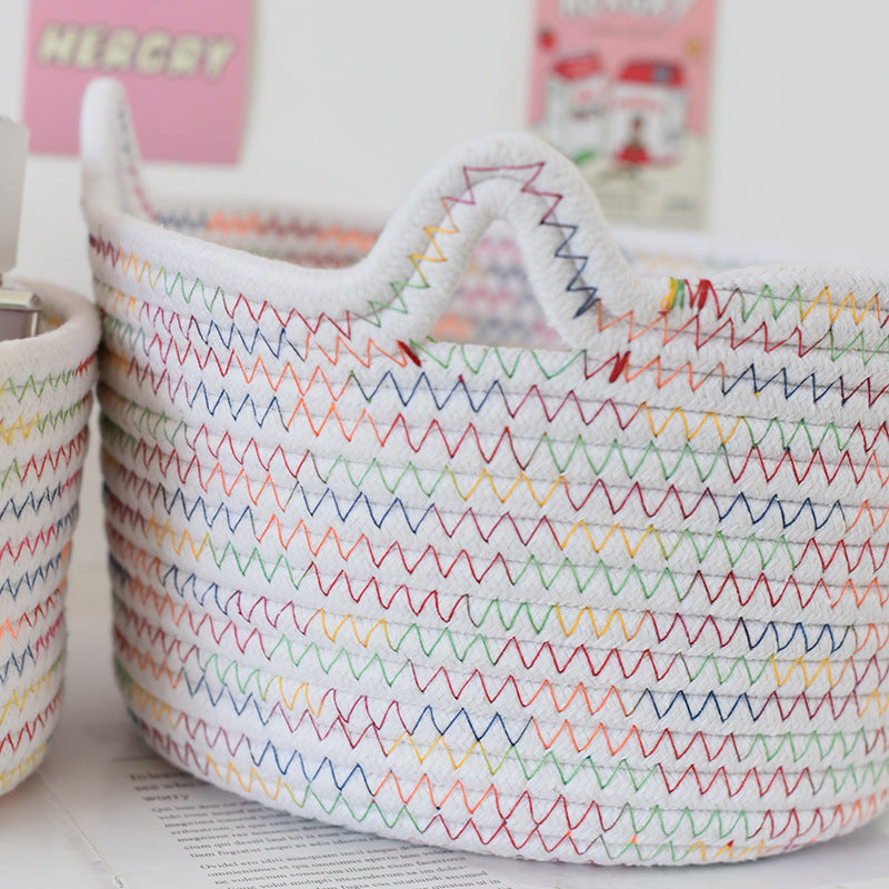 Desktop Cat Ear Storage Basket for Girl/Kids/Her, Handmade Woven Storage Basket, Living Room Key Cotton Rope Cartoon Storage Basket.