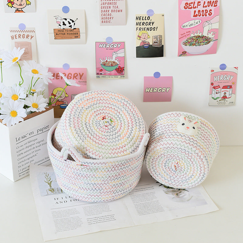 Desktop Cat Ear Storage Basket for Girl/Kids/Her, Handmade Woven Storage Basket, Living Room Key Cotton Rope Cartoon Storage Basket.