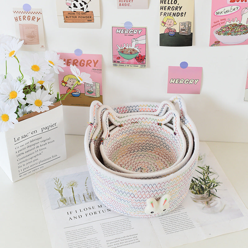 Desktop Cat Ear Storage Basket for Girl/Kids/Her, Handmade Woven Storage Basket, Living Room Key Cotton Rope Cartoon Storage Basket.
