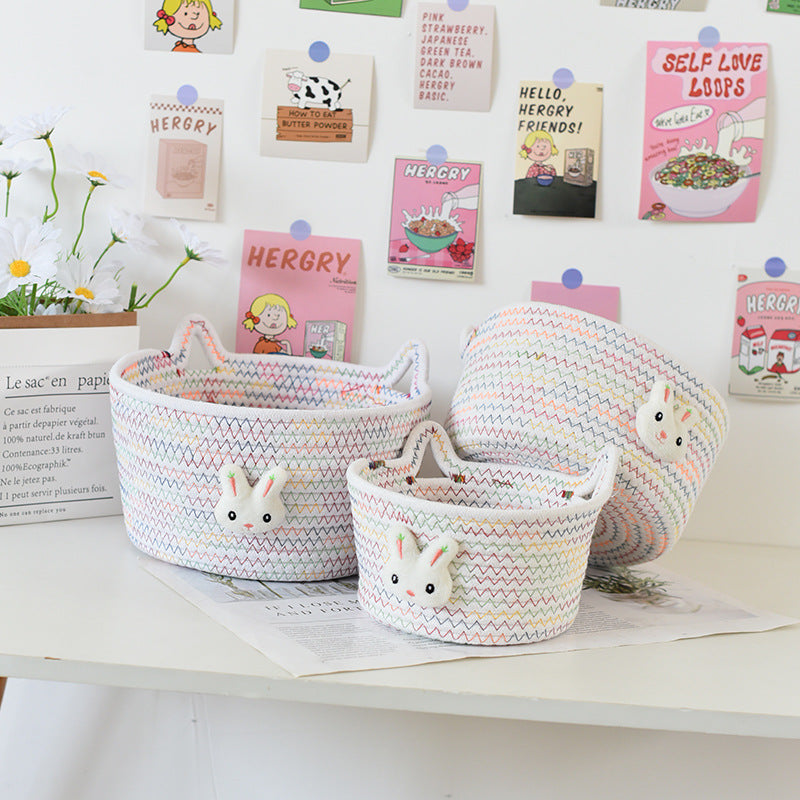 Desktop Cat Ear Storage Basket for Girl/Kids/Her, Handmade Woven Storage Basket, Living Room Key Cotton Rope Cartoon Storage Basket.