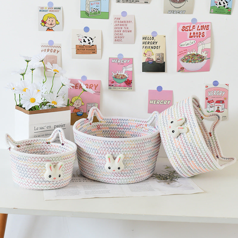 Desktop Cat Ear Storage Basket for Girl/Kids/Her, Handmade Woven Storage Basket, Living Room Key Cotton Rope Cartoon Storage Basket.