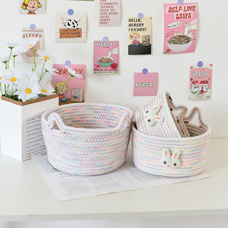 Desktop Cat Ear Storage Basket for Girl/Kids/Her, Handmade Woven Storage Basket, Living Room Key Cotton Rope Cartoon Storage Basket.
