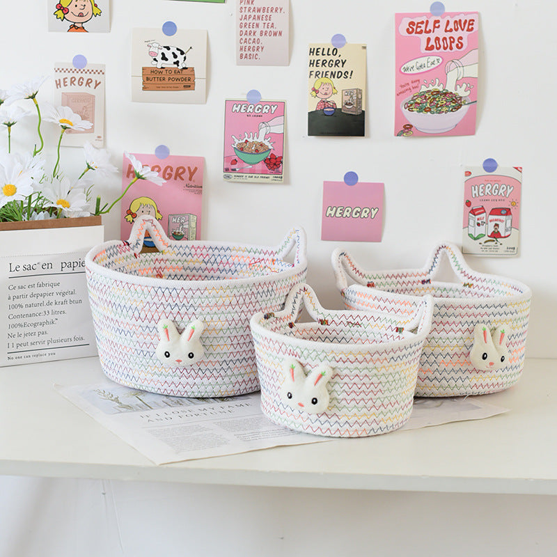 Desktop Cat Ear Storage Basket for Girl/Kids/Her, Handmade Woven Storage Basket, Living Room Key Cotton Rope Cartoon Storage Basket.