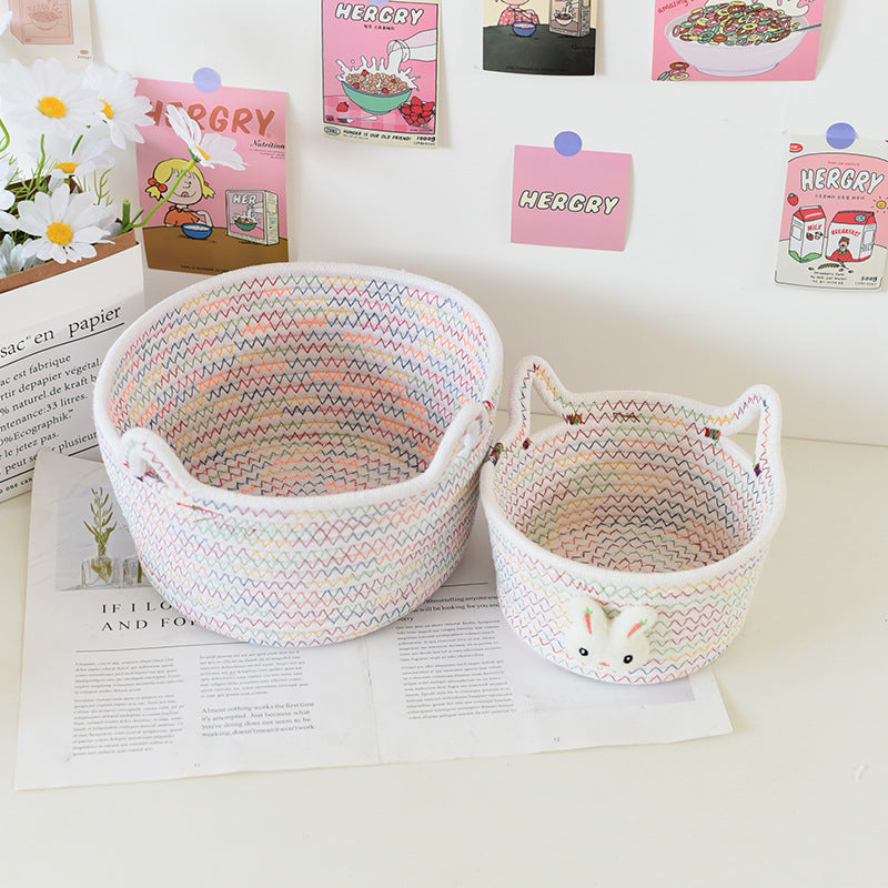 Desktop Cat Ear Storage Basket for Girl/Kids/Her, Handmade Woven Storage Basket, Living Room Key Cotton Rope Cartoon Storage Basket.